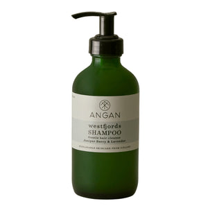 A dark green glass bottle of Angan Westfjords Shampoo with a black pump dispenser and a white label, set against a plain white background.