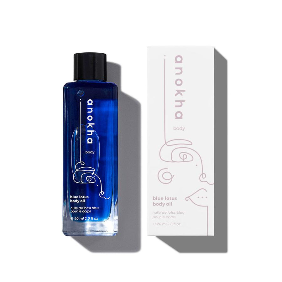 Anokha Blue Lotus Body Oil with lightweight oils, yuzu, and blue yarrow for silky, glowing skin.