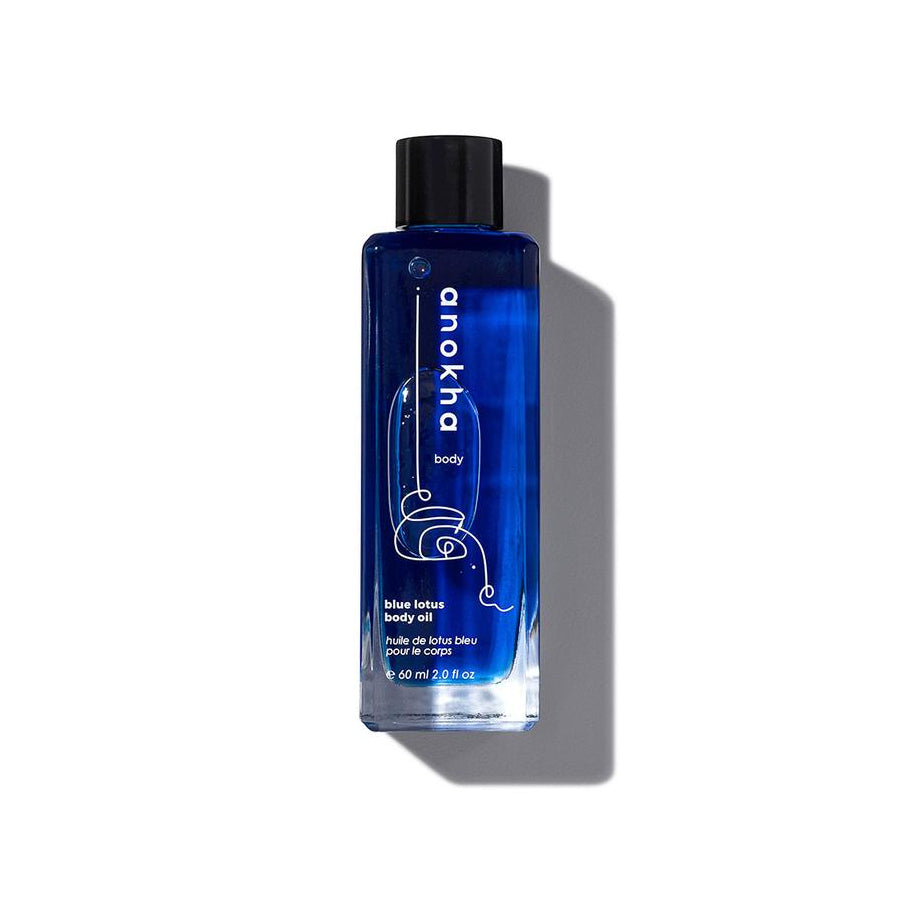 Anokha Blue Lotus Body Oil with lightweight oils, yuzu, and blue yarrow for silky, glowing skin.