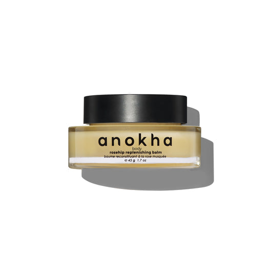 ANOKHA Rosehip Replenishing Balm, a soothing beauty balm enriched with mango butter and botanical oils for targeted skin renewal.