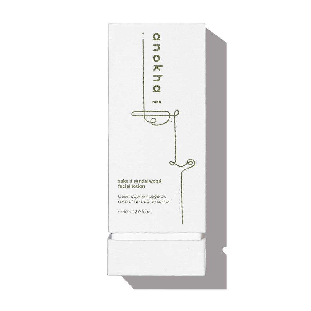 Anokha Sake & Sandalwood Facial Lotion – a lightweight, hydrating moisturizer with sake, rice bran, and sandalwood to refresh and nourish the skin.