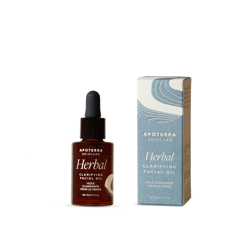 APOTERRA Herbal Clarifying Facial Oil in glass bottle with botanical ingredients including tamanu, grapeseed, safflower, green tea, and thyme.