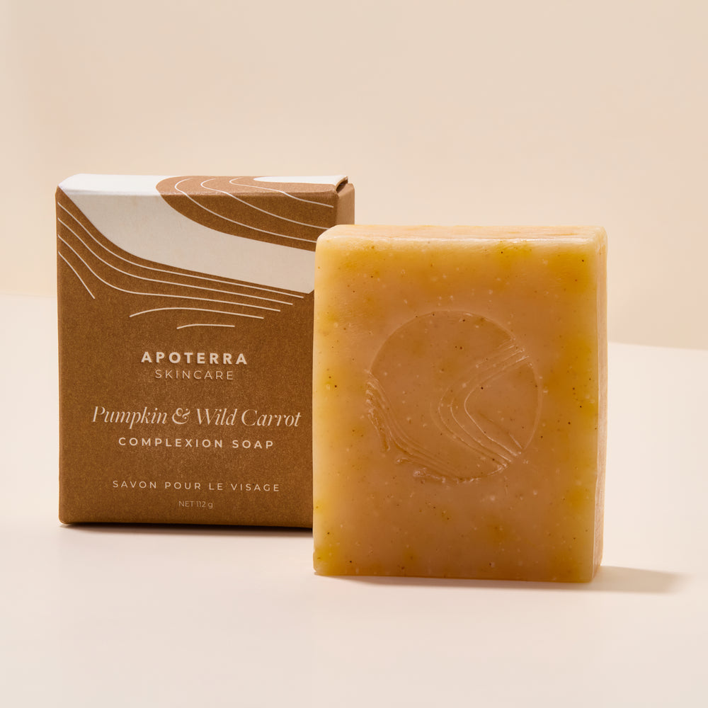 APOTERRA Pumpkin and Wild Carrot Complexion Soap with organic pumpkin pulp, pumpkin seed oil, and wild carrot seed oil for a bright, refreshed complexion.