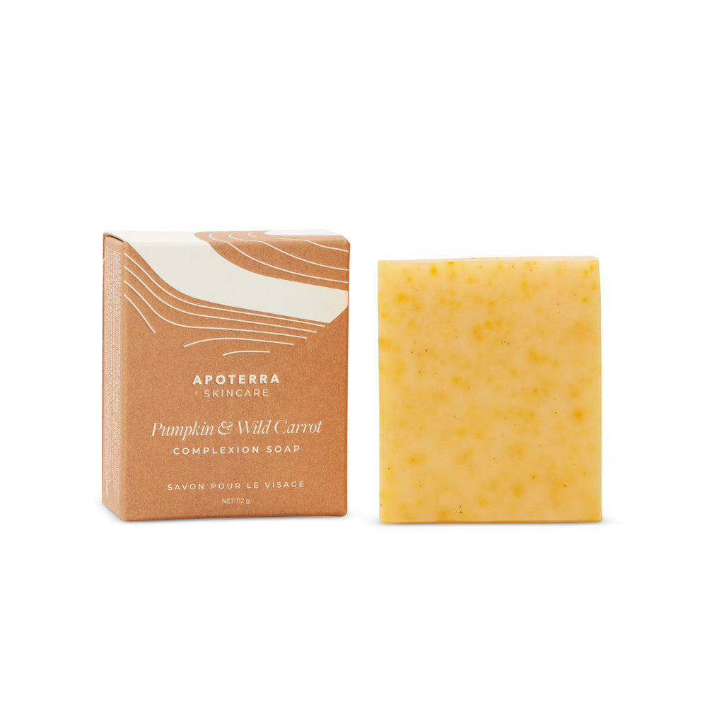 APOTERRA Pumpkin and Wild Carrot Complexion Soap with organic pumpkin pulp, pumpkin seed oil, and wild carrot seed oil for a bright, refreshed complexion.