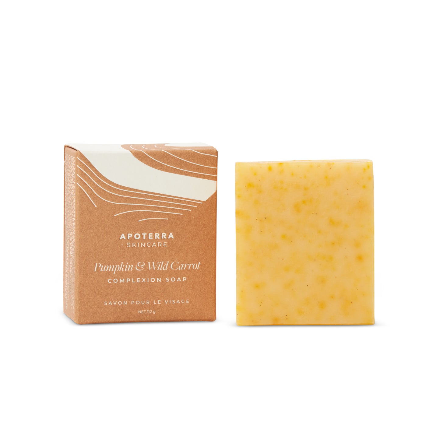 APOTERRA Pumpkin and Wild Carrot Complexion Soap with organic pumpkin pulp, pumpkin seed oil, and wild carrot seed oil for a bright, refreshed complexion.