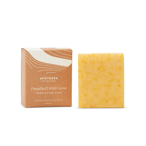 APOTERRA Pumpkin and Wild Carrot Complexion Soap with organic pumpkin pulp, pumpkin seed oil, and wild carrot seed oil for a bright, refreshed complexion.