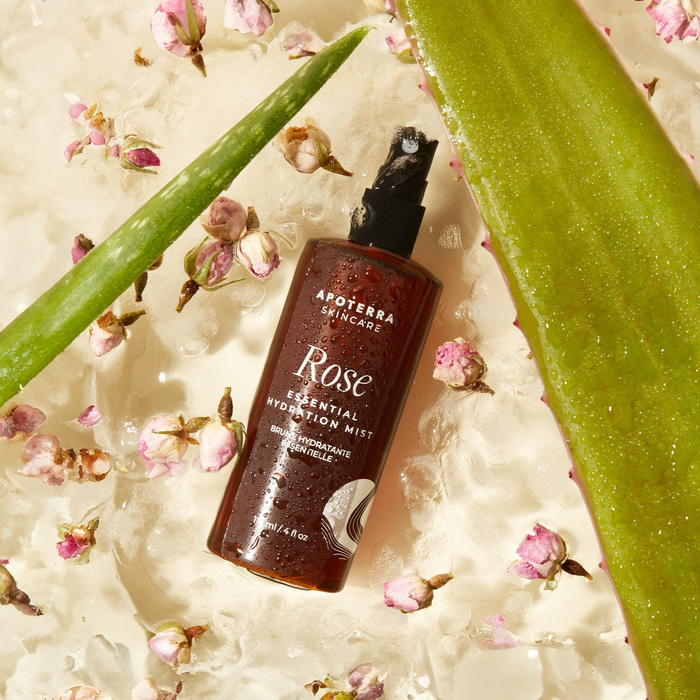 Rose essential hydration mist bottle on a textured surface with flowers and aloe vera leaves.