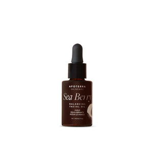 Apoterra Sea Berry Balancing Facial Oil bottle with natural ingredients like sea buckthorn berries and tamanu nuts.