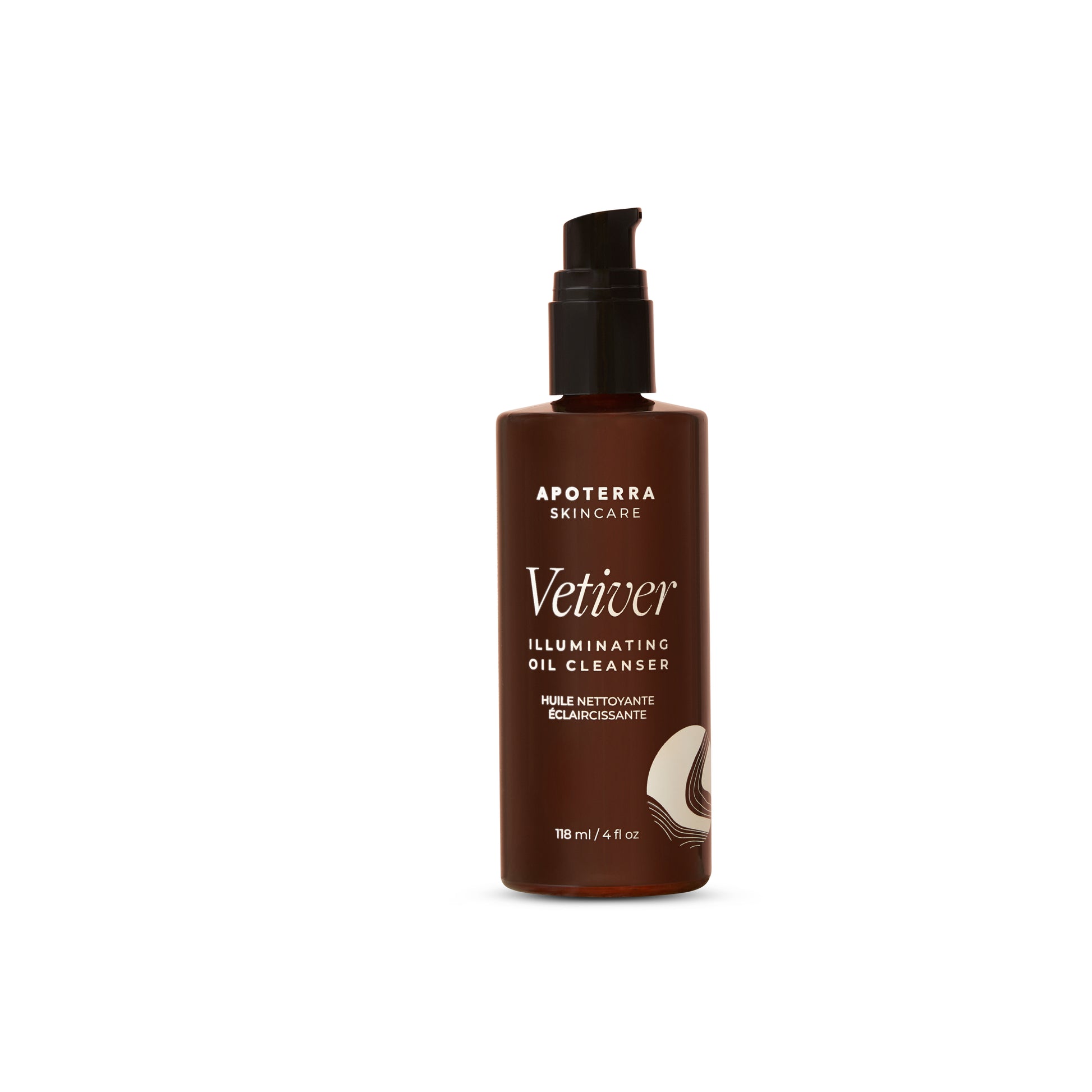 Apoterra Vetiver Illuminating Oil Cleanser bottle with black cumin seed and tamanu oils, transforming into a hydrating milk to cleanse and refresh all skin types.