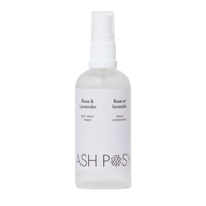 ASH POSY Rose & Lavender Bio Mist Toner – 100ml facial mist in a glass spray bottle, featuring organic rose and lavender hydrosols for a refreshing botanical experience.