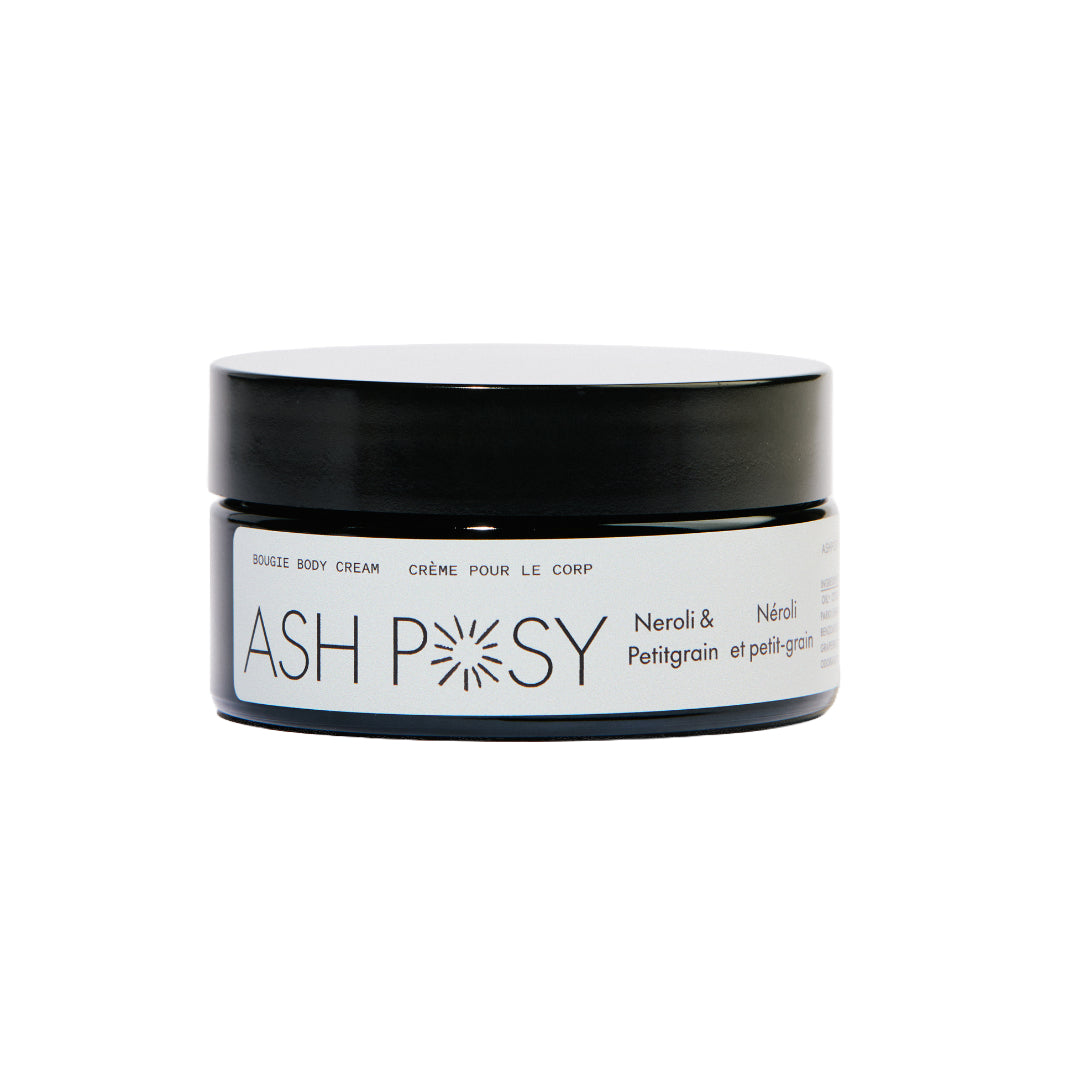 ASH POSY Bougie Body Cream – 100ml jar of rich body moisturizer with neroli, petitgrain, and organic plant-based ingredients for smooth, radiant skin. 200ml