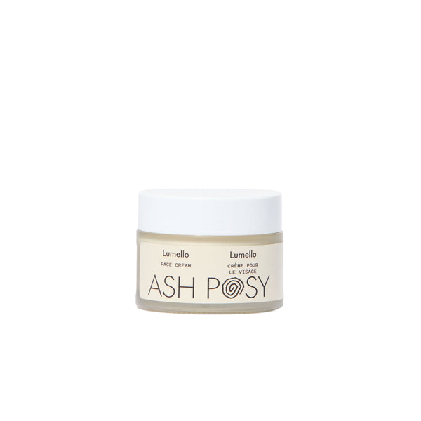 ASH POSY Lumello Face Crème in glass jar, nourishing botanical moisturizer with aloe, peony extract, and plant oils