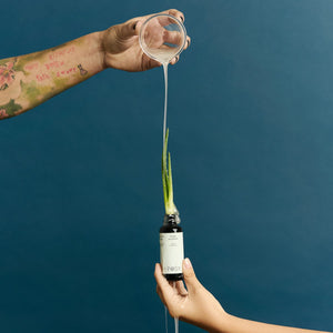 Person pouring a liquid from a glass into a bottle of ASH POSY Succulent Sage Hydrating Serum against a blue background