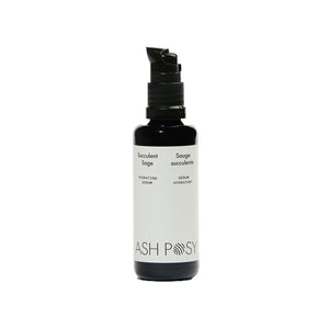 ASH POSY Succulent Sage Hydrating Serum in a violet glass bottle, an aloe-based facial serum with hyaluronic acid and sage extract for lightweight hydration.