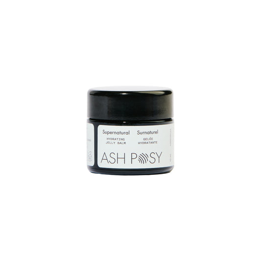 Jar of ASH POSY Supernatural Hydrating Jelly Balm, a nourishing jelly-textured balm with hyaluronic acid and organic botanicals for soft, dewy, hydrated skin, 50ml.