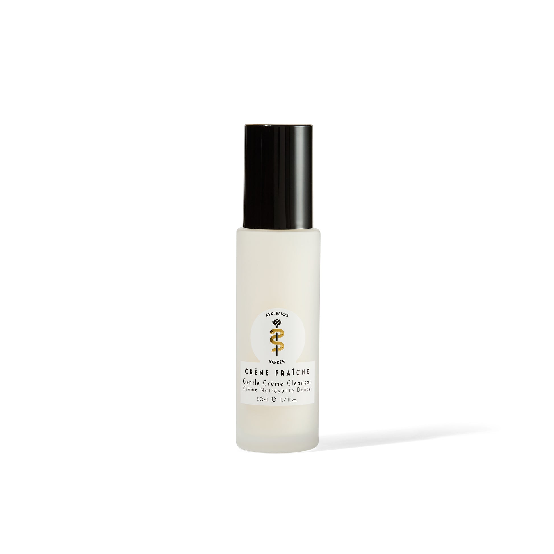 Asklepios Garden Crème Fraîche Gentle Crème Cleanser in an elegant Italian glass vessel, showcasing its natural ingredients and soothing formula.