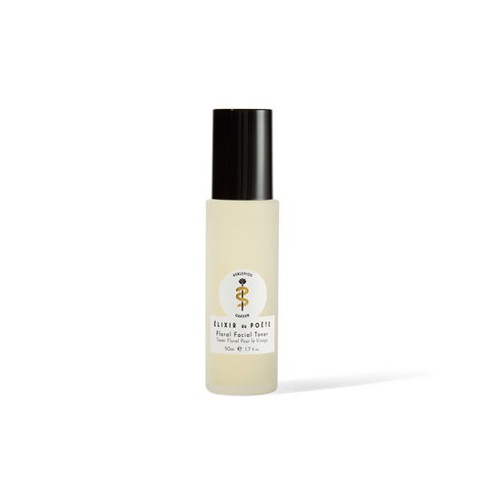 Bottle of ASKLEPIOS GARDEN ÉLIXIR du POÈTE Floral Facial Toner – Petit, with key ingredients lotus, rose, and cucumber, elegantly presented in a 50 ml glass container.