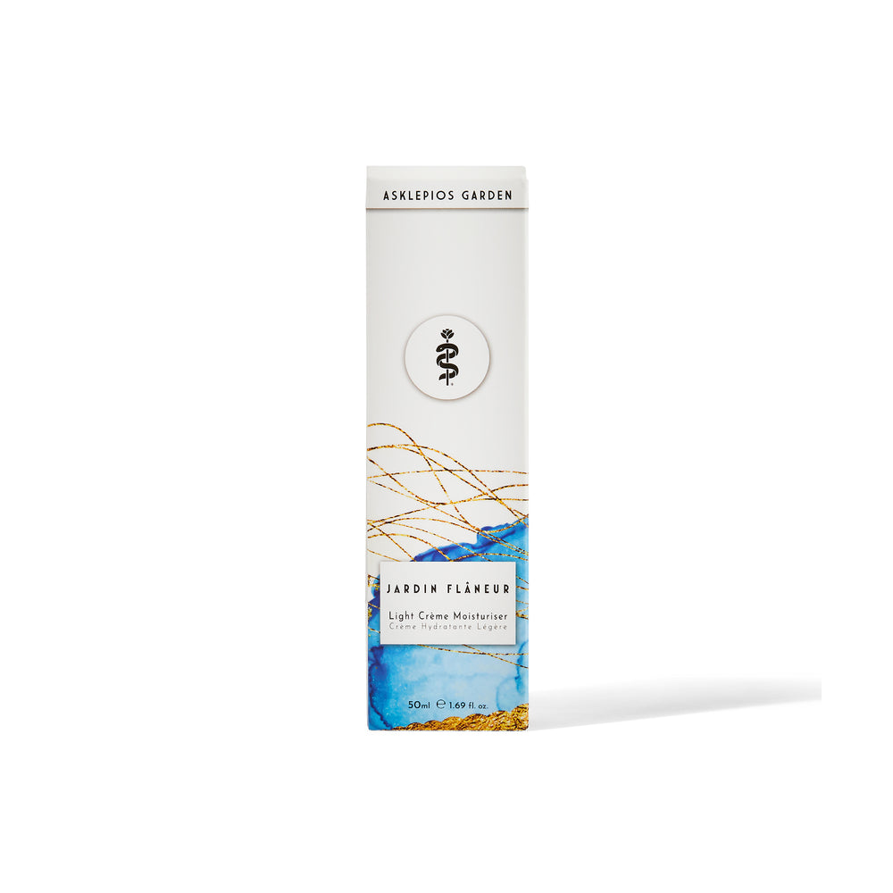 ASKLEPIOS GARDEN - JARDIN FLÂNEUR Light Crème Moisturiser in a glass jar, featuring Mediterranean-inspired essential oils, designed for deep hydration and a soft, radiant finish.