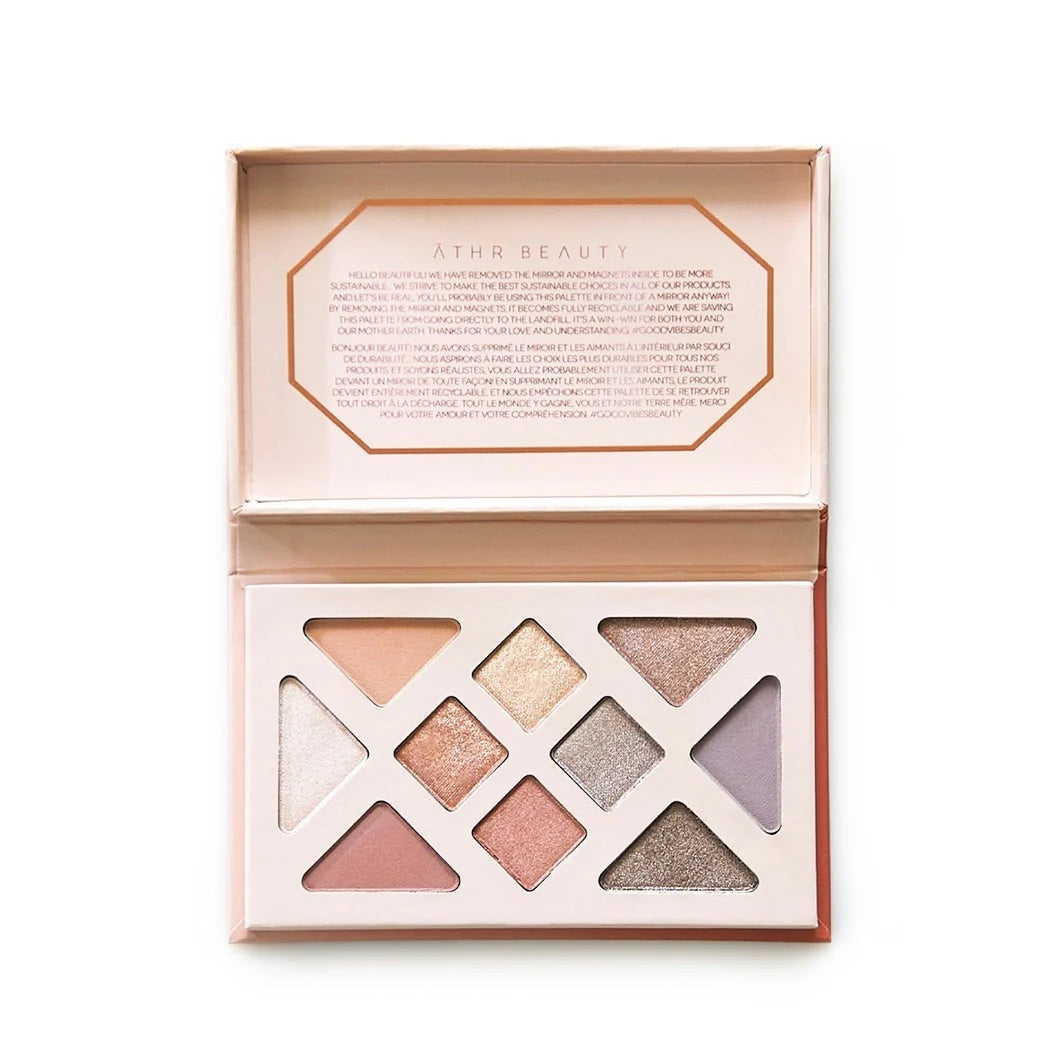 ATHR Beauty Rose Quartz Crystal Eyeshadow Palette featuring 10 shades in soft, cool-toned hues and warm, earthy tones. Includes shimmers, mattes, and metallics enriched with Moringa Seed Oil, Shea Butter, Coconut Oil, and Rose Quartz.