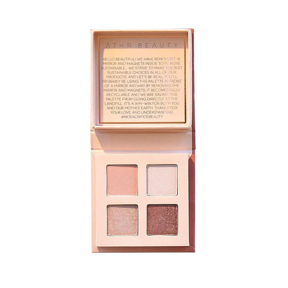 ATHR Beauty Rose Quartz Crystal Eyeshadow Quad featuring four shades: Stardust, Rose Quartz, Infinity, and Solstice. Compact palette with creamy, pigmented colors and radiant finish.