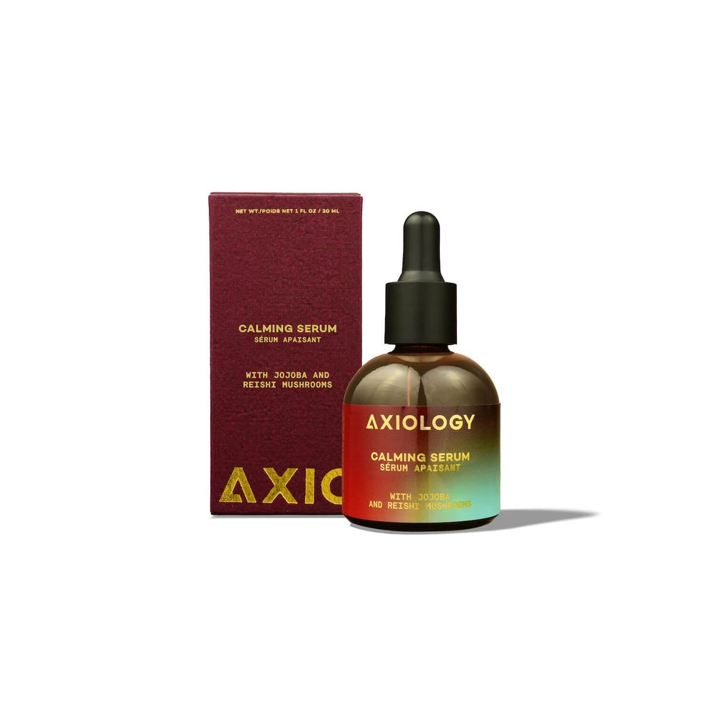 Axiology calming serum bottle on a white background