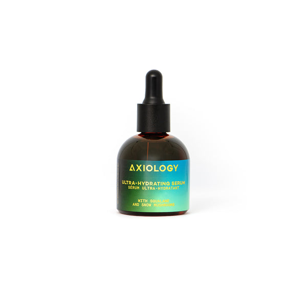 Axiology ultra-hydrating serum bottle on a white background