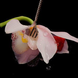 Pink orchid with a fork inserted into it against a black background