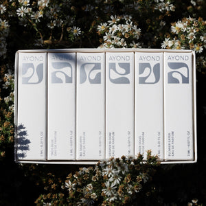 Box of Ayond perfume bottles with a floral background