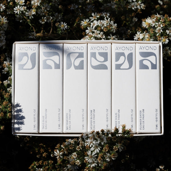 Box of Ayond perfume bottles with a floral background