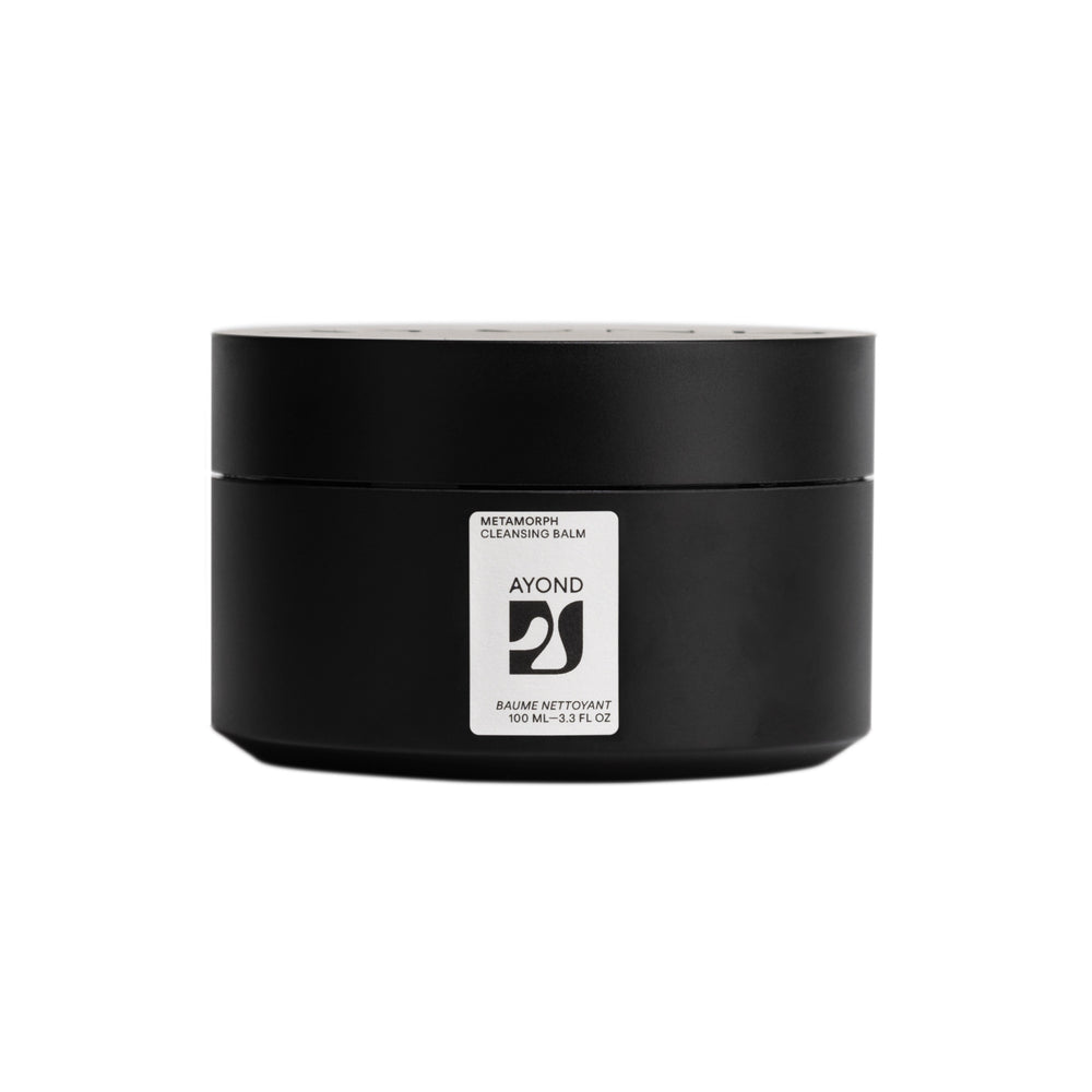 AYOND Metamorph Cleansing Balm in a black jar on a white background.
