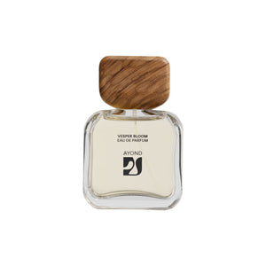 Vesper Bloom perfume bottle by Ayond with wooden cap on a white background