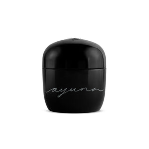Black jar with 'ayuna' branding on a white background