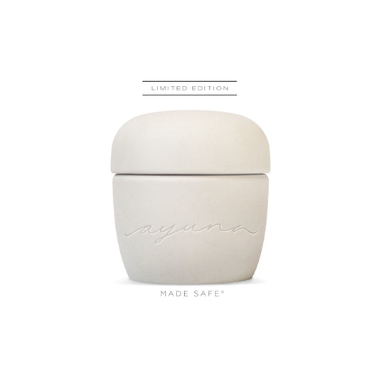 AYUNA Terra Eterna natural rejuvenating cream in a biodegradable ceramic jar with luxurious, rich, and melting texture.