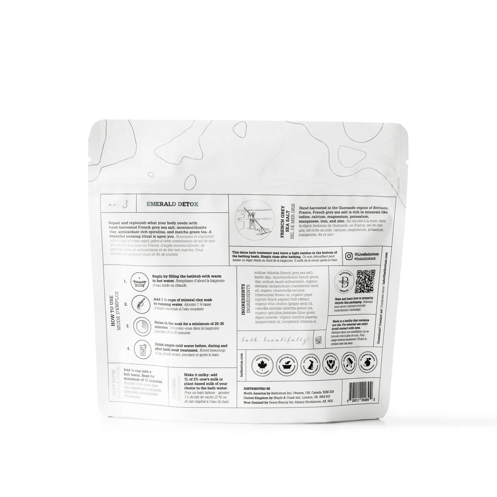 Bathorium Emerald Detox Mud Mineral Soak with French grey sea salt, green clay, spirulina, and matcha green tea in a calming bath soak.