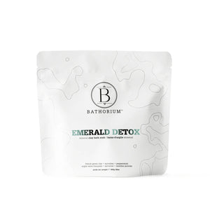 Bathorium Emerald Detox Mud Mineral Soak with French grey sea salt, green clay, spirulina, and matcha green tea in a calming bath soak.