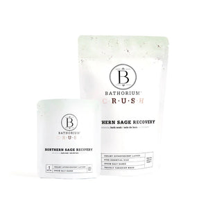 Bathorium Northern Sage Recovery Crush bath soak with sage, pine, and glacial clay. ALWAYS SHOW