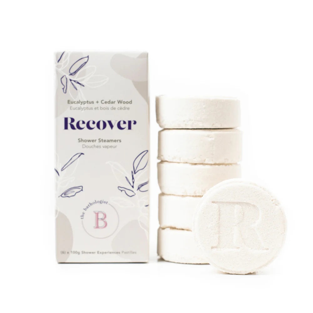 Bathorium Recover Shower Steamers with eucalyptus and cedarwood essential oils in eco-conscious packaging. 6 x 100g