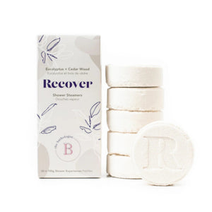 Bathorium Recover Shower Steamers with eucalyptus and cedarwood essential oils in eco-conscious packaging. 6 x 100g