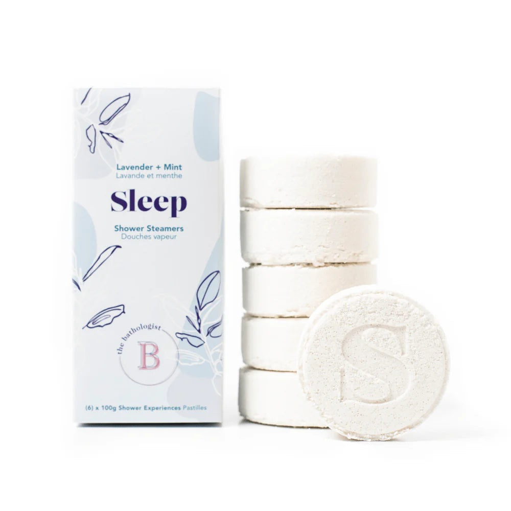 Bathorium Sleep Shower Steamers with lavender and peppermint essential oils in eco-friendly packaging. 6 x 100g