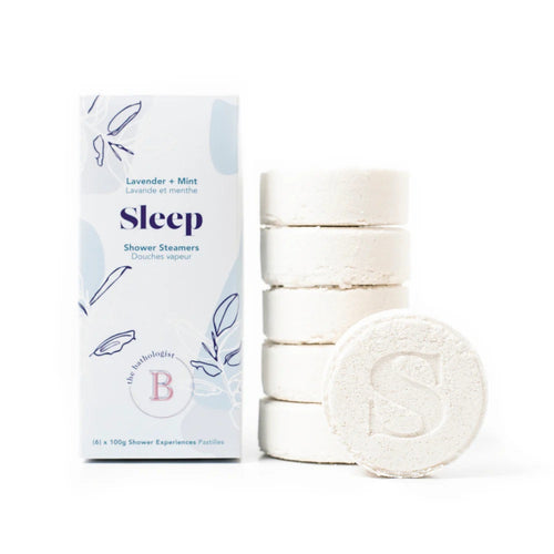 Bathorium Sleep Shower Steamers with lavender and peppermint essential oils in eco-friendly packaging. 6 x 100g