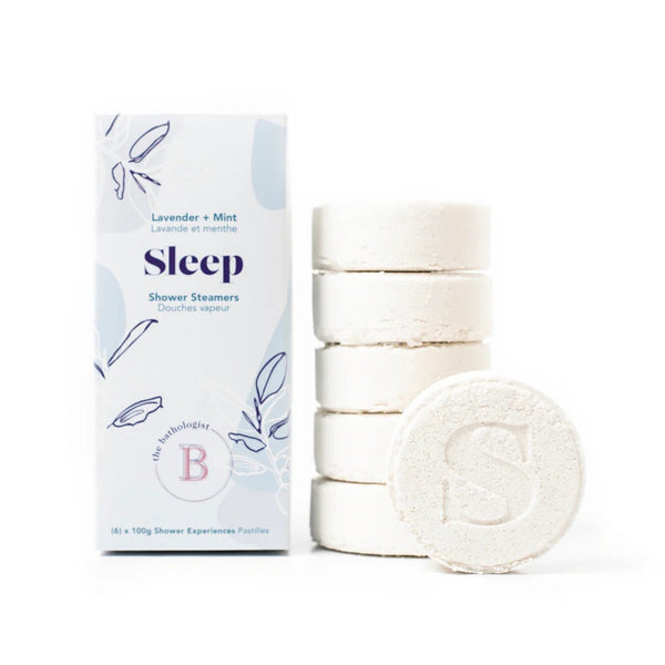 Bathorium Sleep Shower Steamers with lavender and peppermint essential oils in eco-friendly packaging. 6 x 100g
