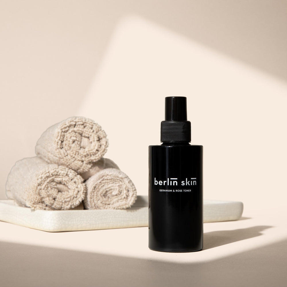 Berlin Skin Geranium & Rose Toner in a recyclable glass bottle, a hydrating and balancing facial mist.