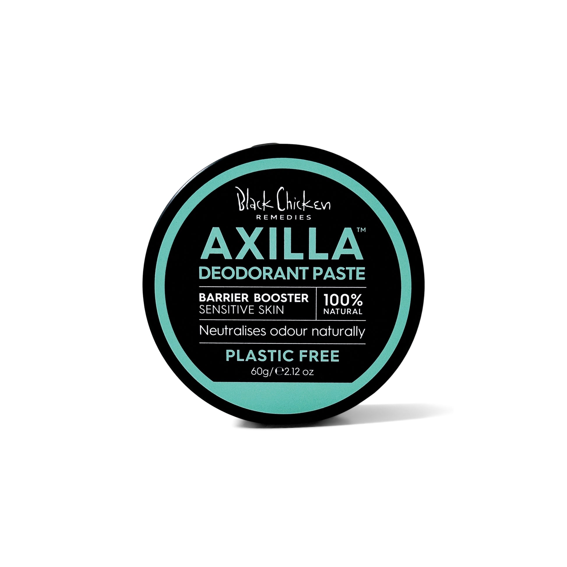 Black Chicken Remedies Axilla™ Natural Deodorant Paste Barrier Booster Plastic Free sensitive deodorant paste packaging on white background