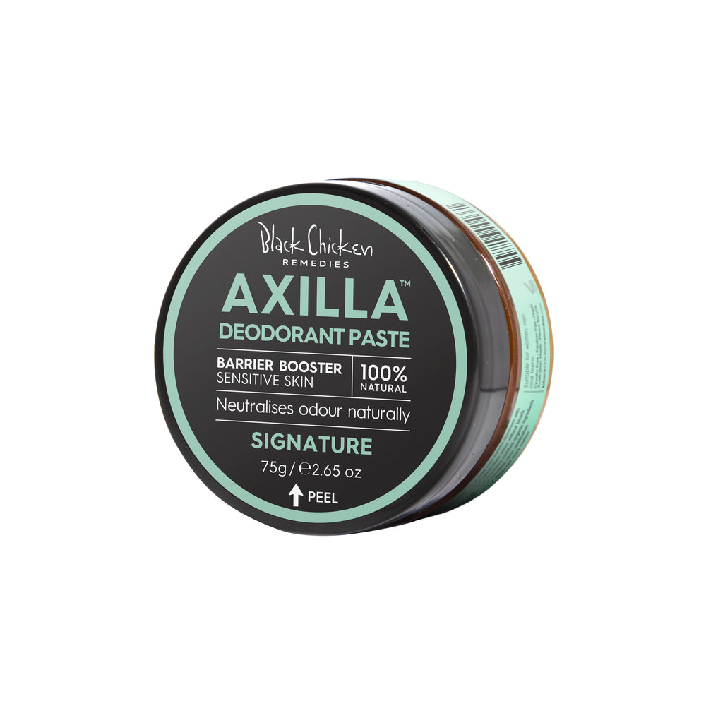 Black Chicken Remedies Axilla Natural Deodorant Paste Barrier Booster Signature in a 75 g jar. The product is shown in a minimalist package with branding on the label. 