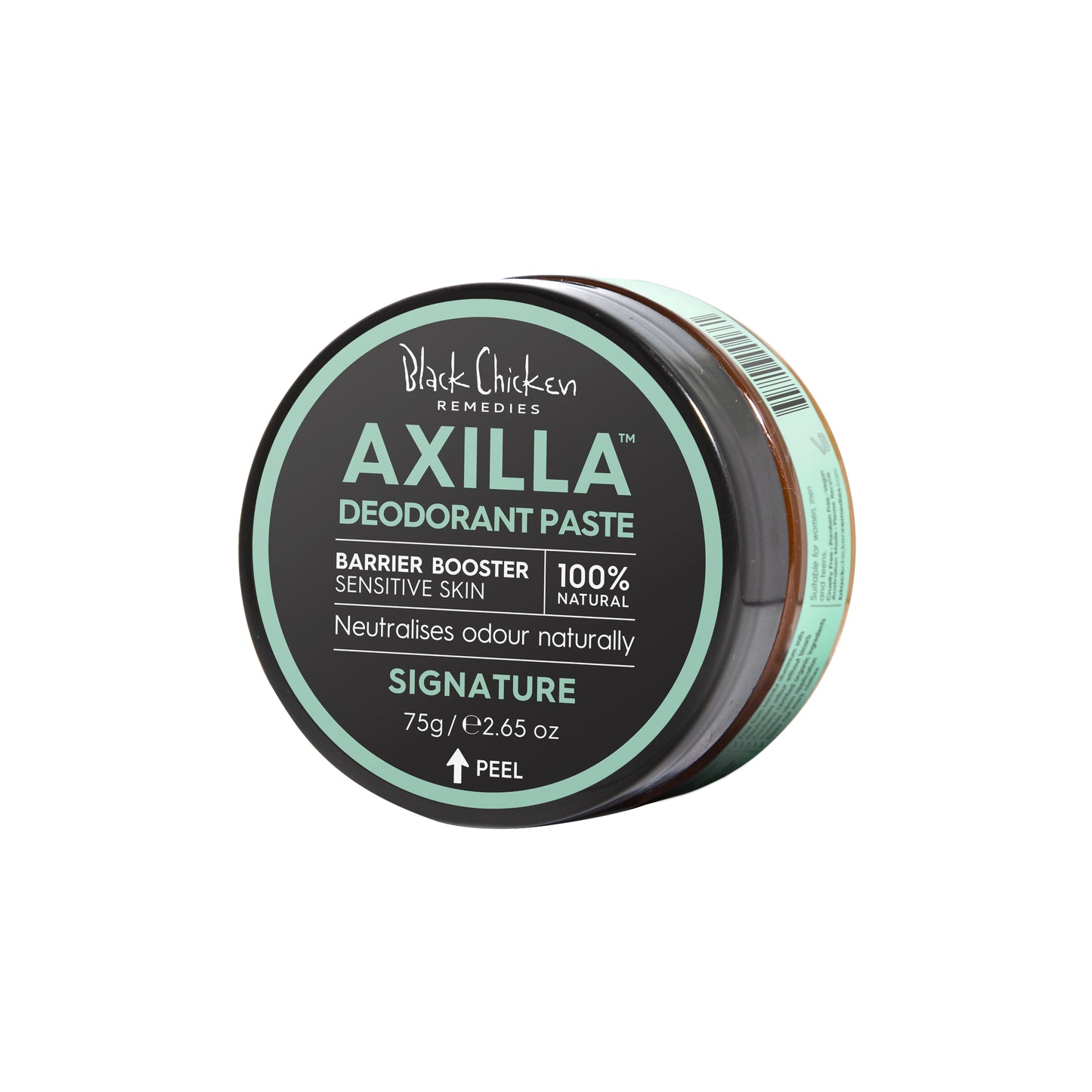Black Chicken Remedies Axilla Natural Deodorant Paste Barrier Booster Signature in a 75 g jar. The product is shown in a minimalist package with branding on the label. 