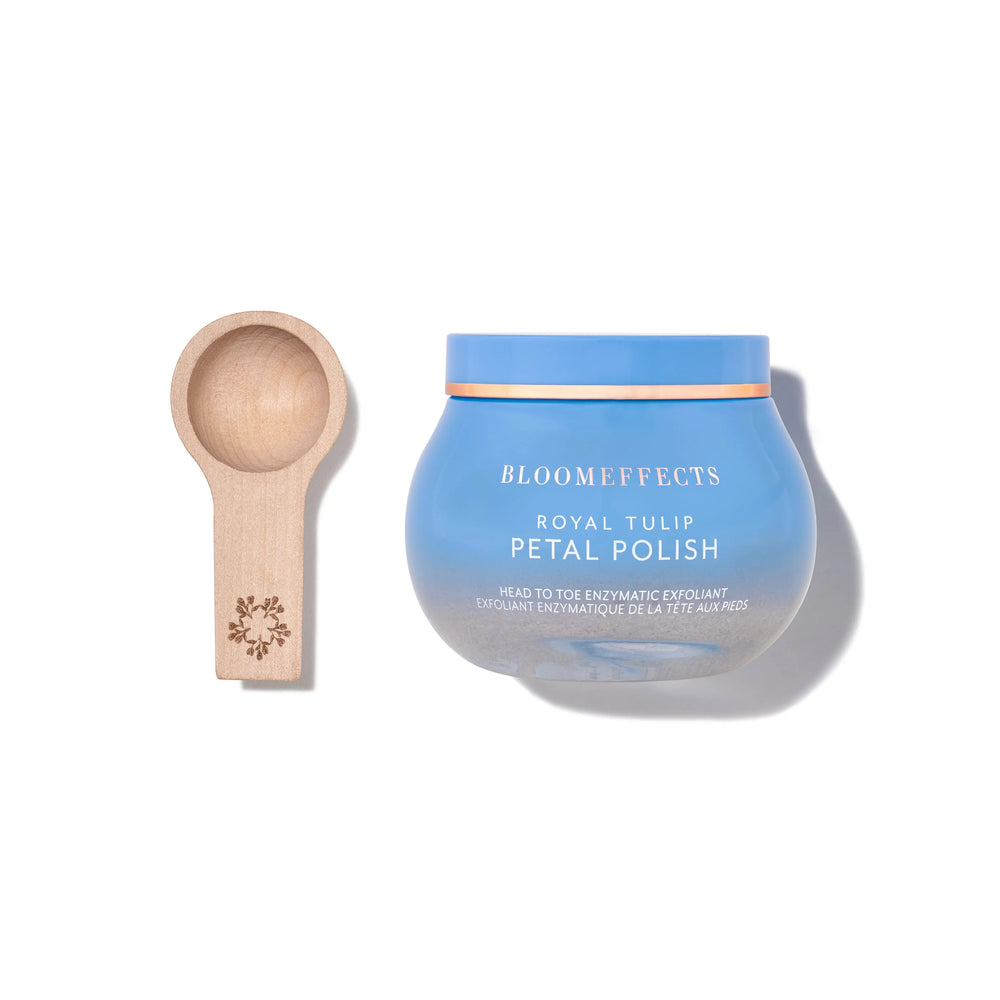 BLOOMEFFECTS Royal Tulip Petal Polish head-to-toe enzymatic scrub in a jar on white background
