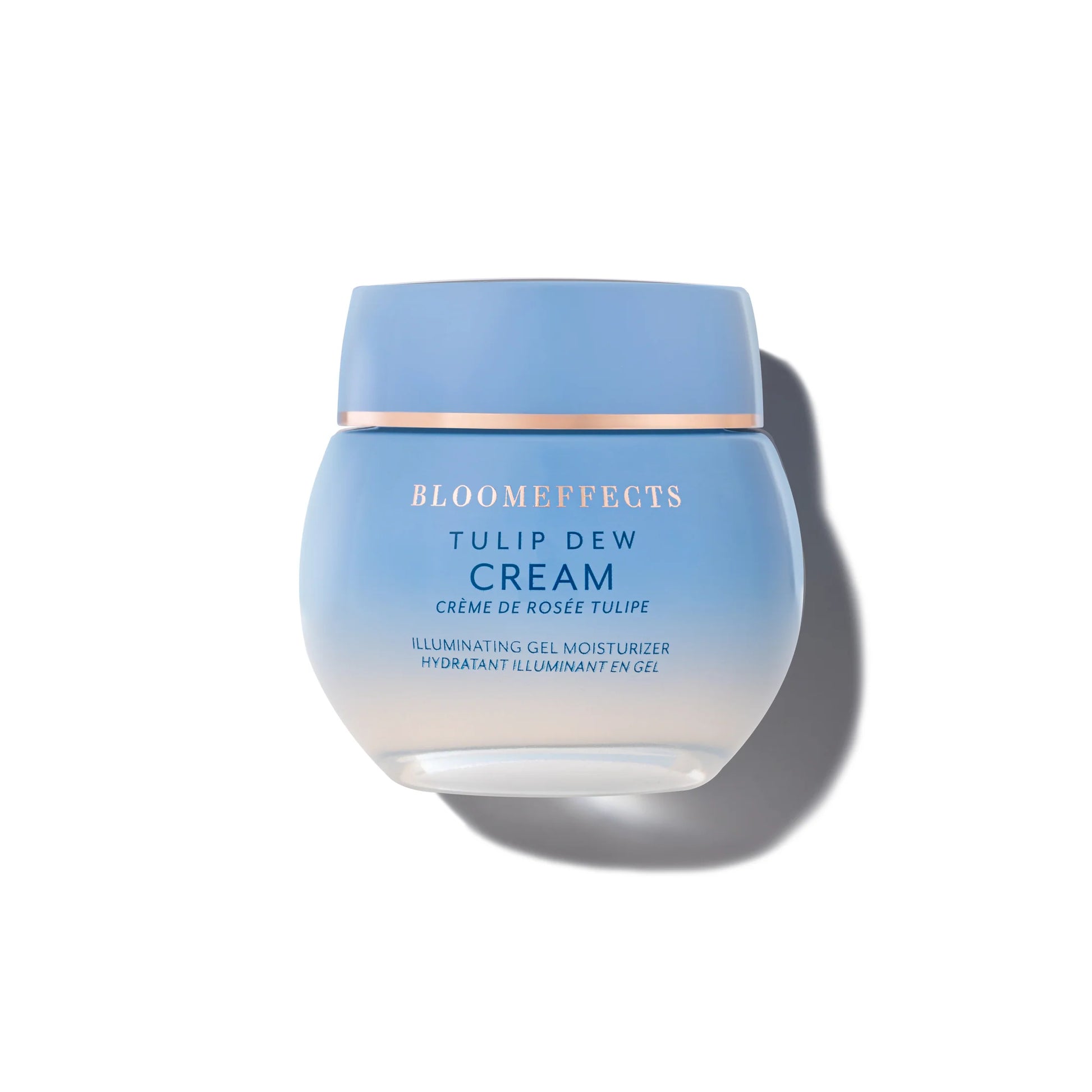 Bloomeffects Tulip Dew Cream Illuminating Gel Moisturizer in a 50ml jar, lightweight gel texture with botanical oils and radiant finish, on white background