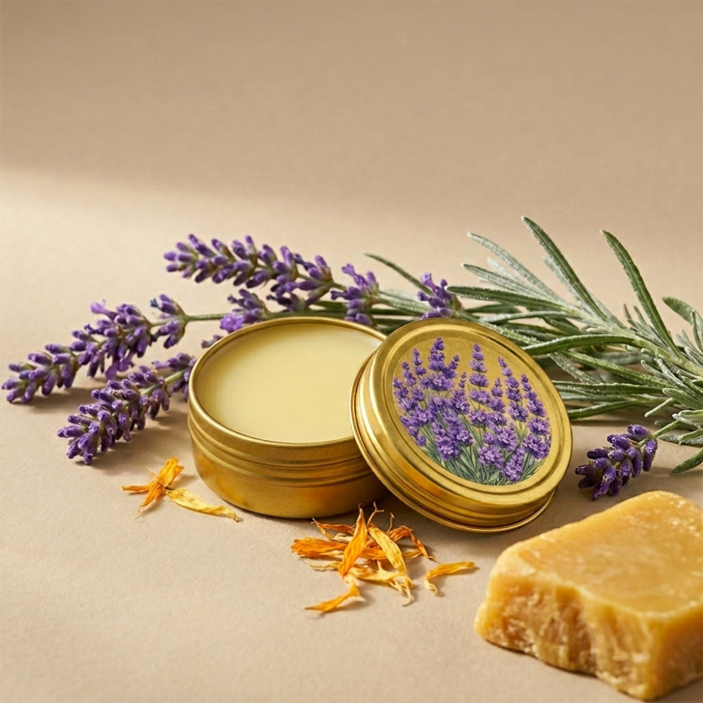 An open round metal tin with a gold-colored lid featuring an illustration of purple lavender flowers, next to the open base showing a pale cream-colored balm inside, on a white background.