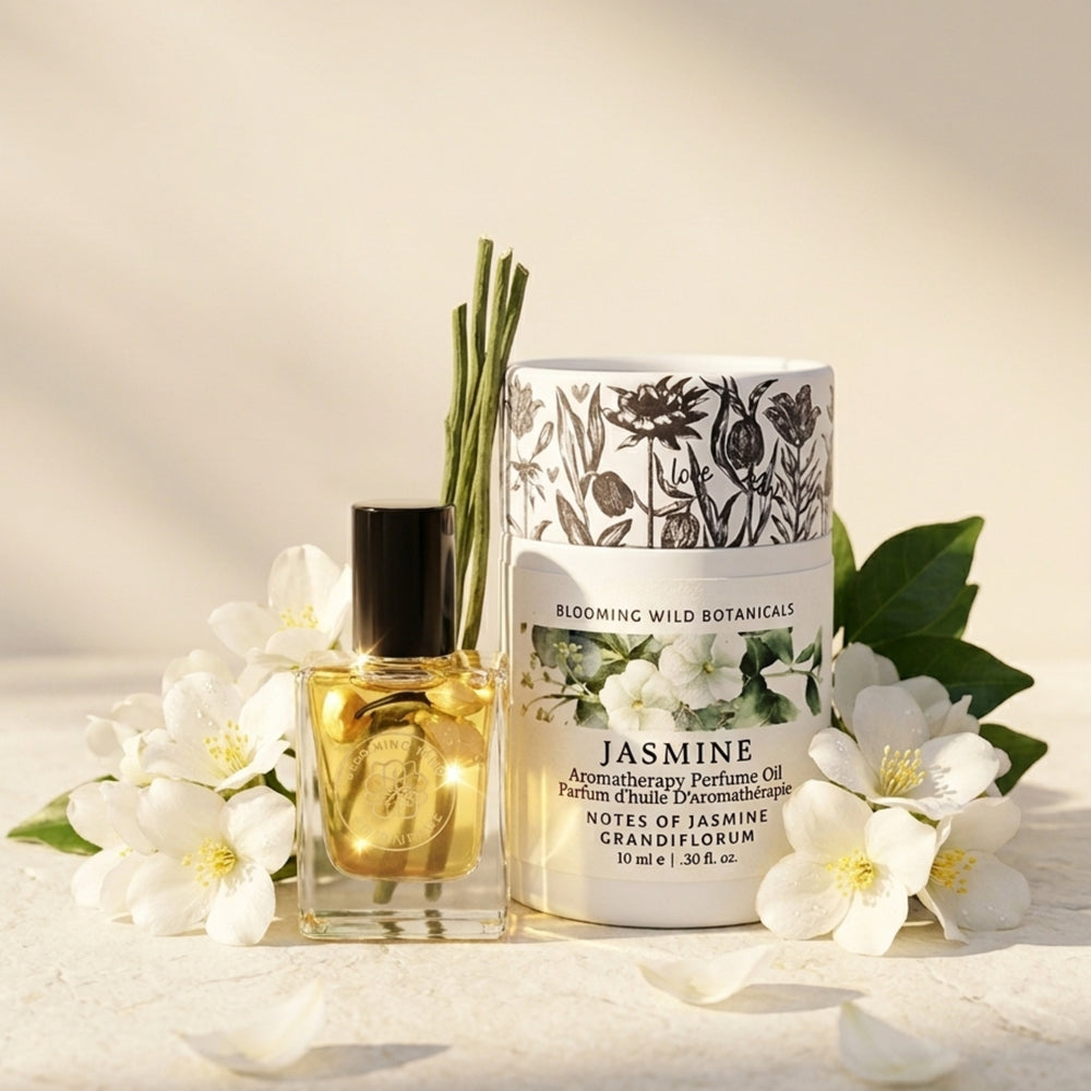 Perfume oil bottle and packaging with floral design on a white background