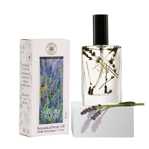 Blooming Wild Summer Nights Lavender Body Oil in a glass bottle, infused with farm-grown lavender for calming, soothing skin care.